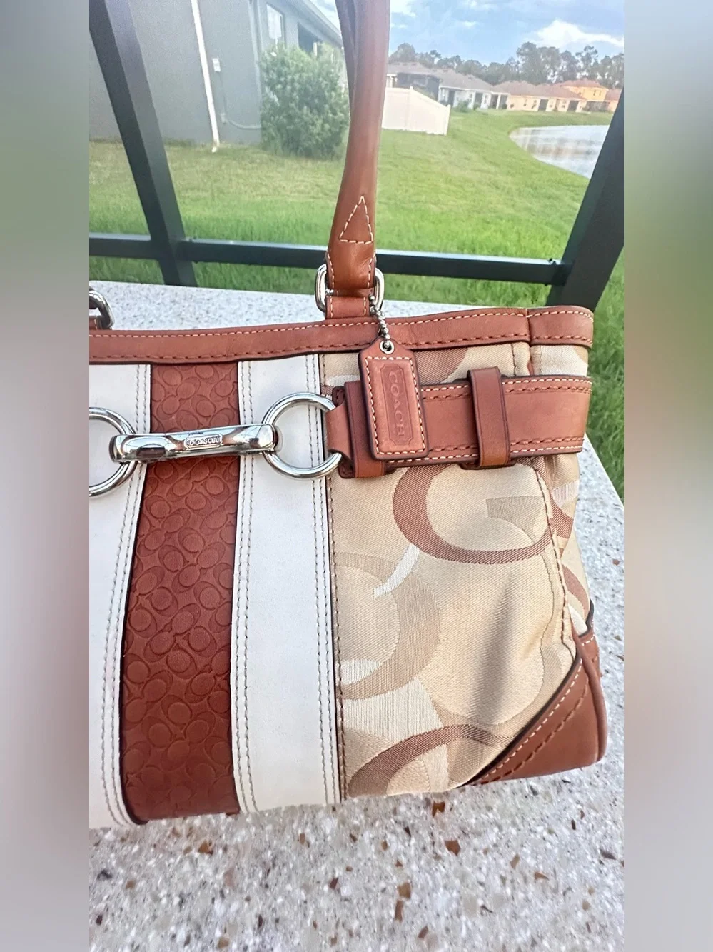 Coach Hamptons Optic Signature Stripe Carryall F13337, Brown and Cream